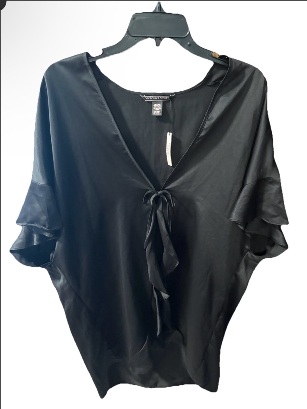 Victoria’s Secret Black Satin Tie Front Kimono Cover Up One Size NWT